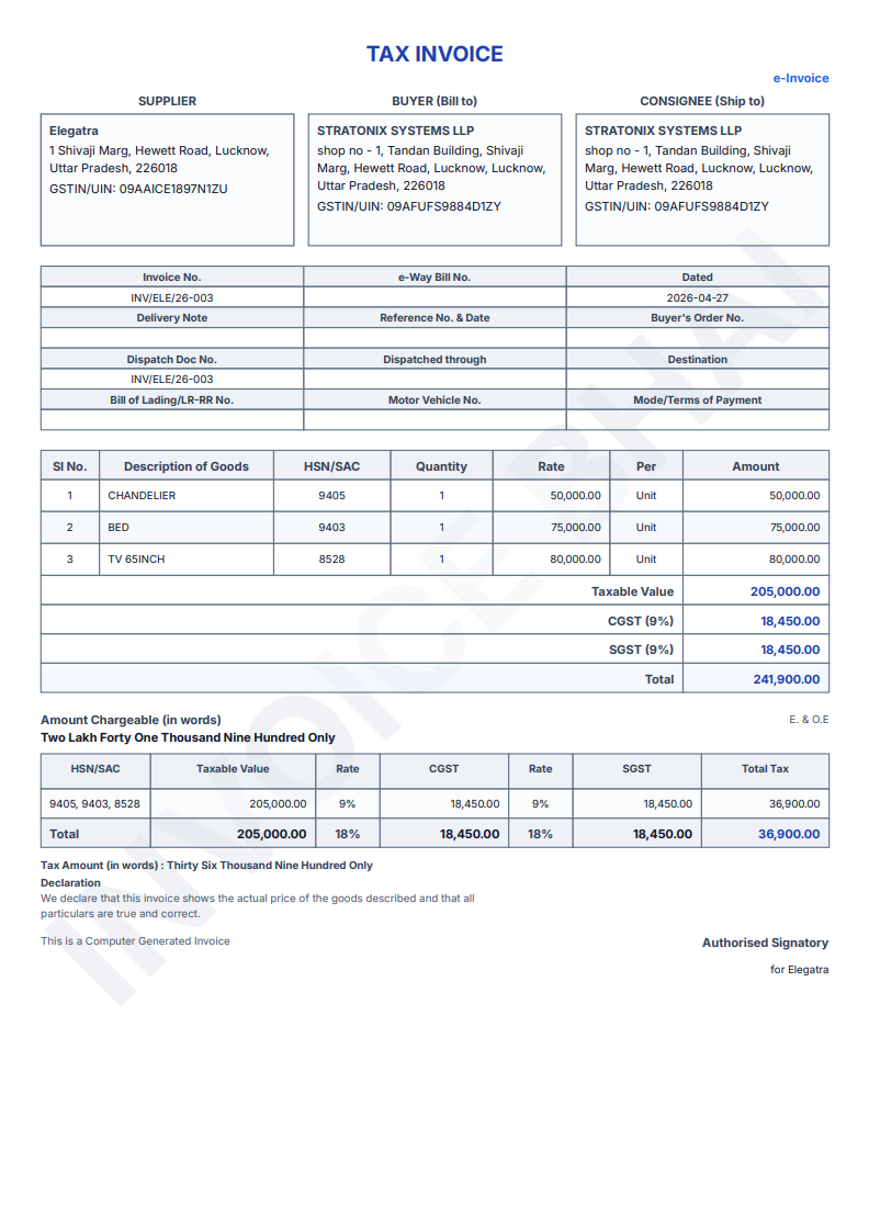Sample GST Invoice generated by InvoiceBhai
